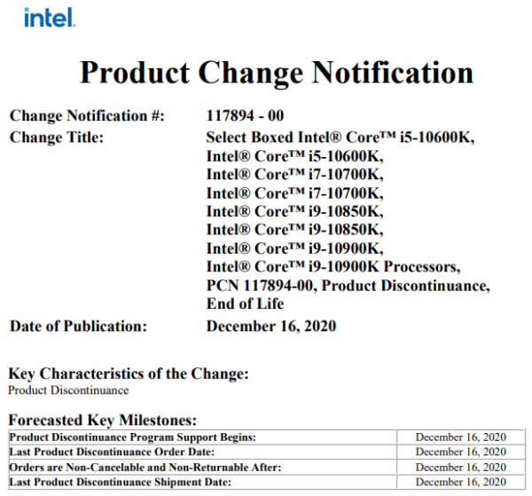 Intel объявляет о прекращении выпуска линейки 10-го поколения, включая  10900K, 10700K и 10600K